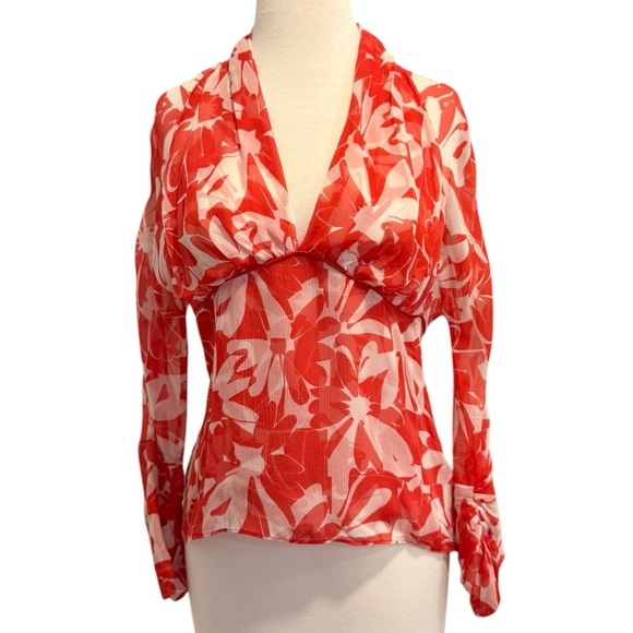 Yigal Azrouel Tops - Yigal Azrouel Silk Chiffon Floral Empire Waist Blouse Red White Size 10